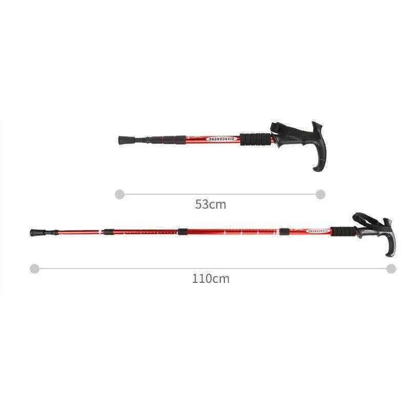 Folding Walking Stick Telescopic Adjustable Antishock Hiking Grip Pole Trekking - Red