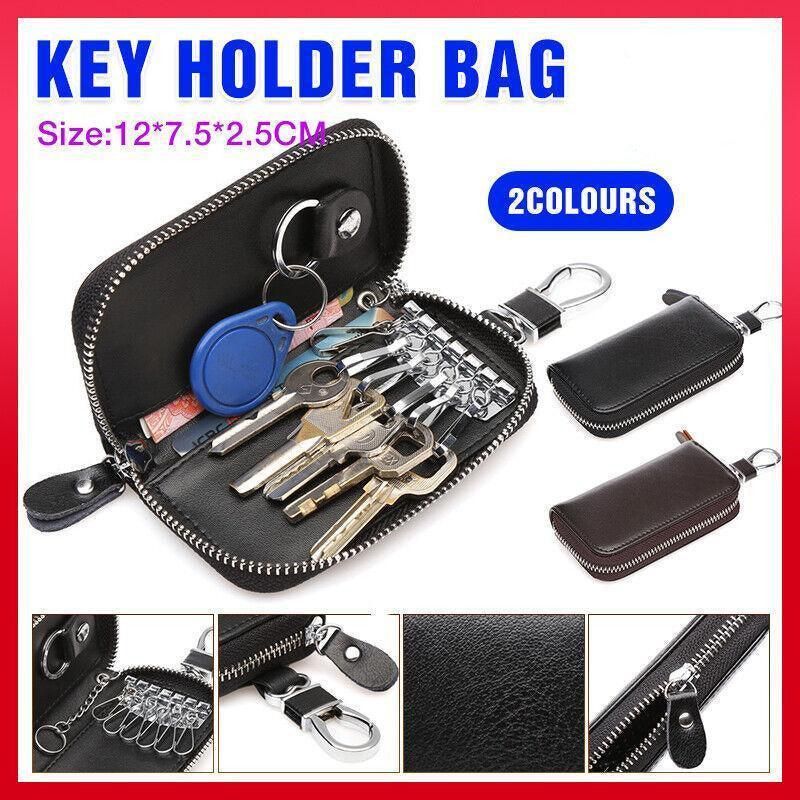 Key Holder Bag Leather Case Ring Wallet Car Unisex Pouch Keychains Black Coffee - Black