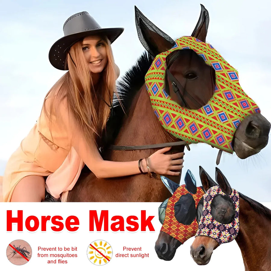 Mosquito Proof Horse Mask Printed Head Cover Large Size Protective for Outdoor - Green