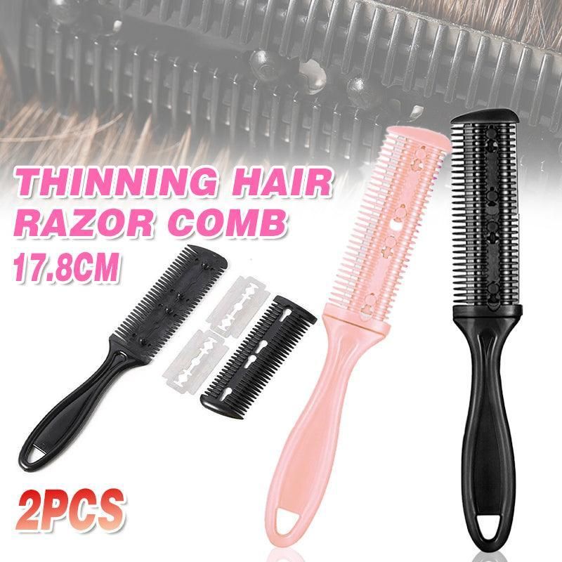 2PCS Razor Comb With Blades Razor Trimmer DIY Double Sides Hair Thinning Comb - Pink+Black