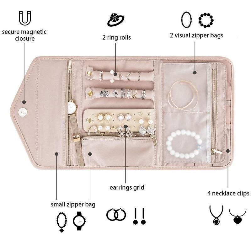 Periea Travel Jewellery Roll -Jewellery Travel Pouch Portable Case Box Organiser - Pink