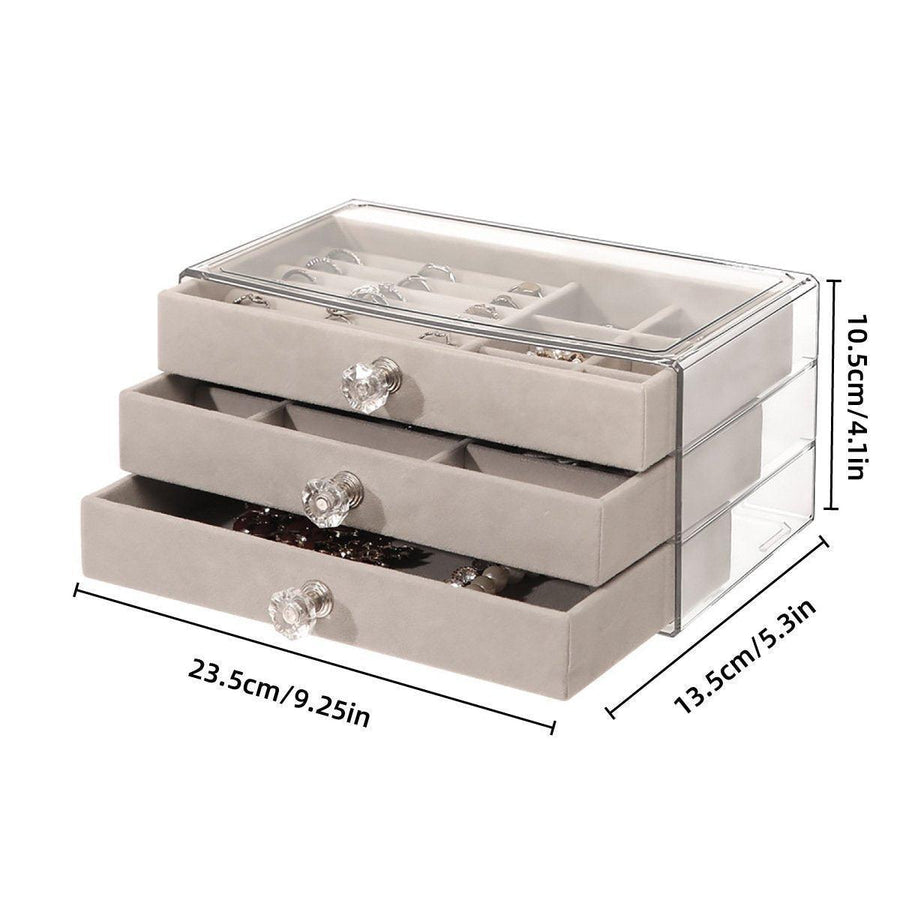Three Layer Flannel Jewelry Storage Box Dustproof Drawer Organizer for Earrings - Grey