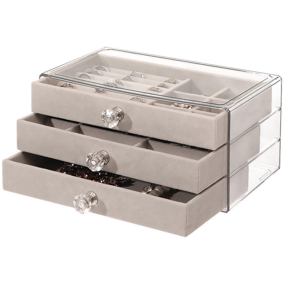 Three Layer Flannel Jewelry Storage Box Dustproof Drawer Organizer for Earrings - Grey