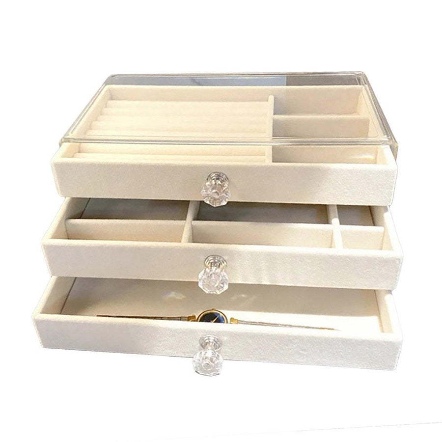 Three Layer Flannel Jewelry Storage Box Dustproof Drawer Organizer for Earrings - Grey