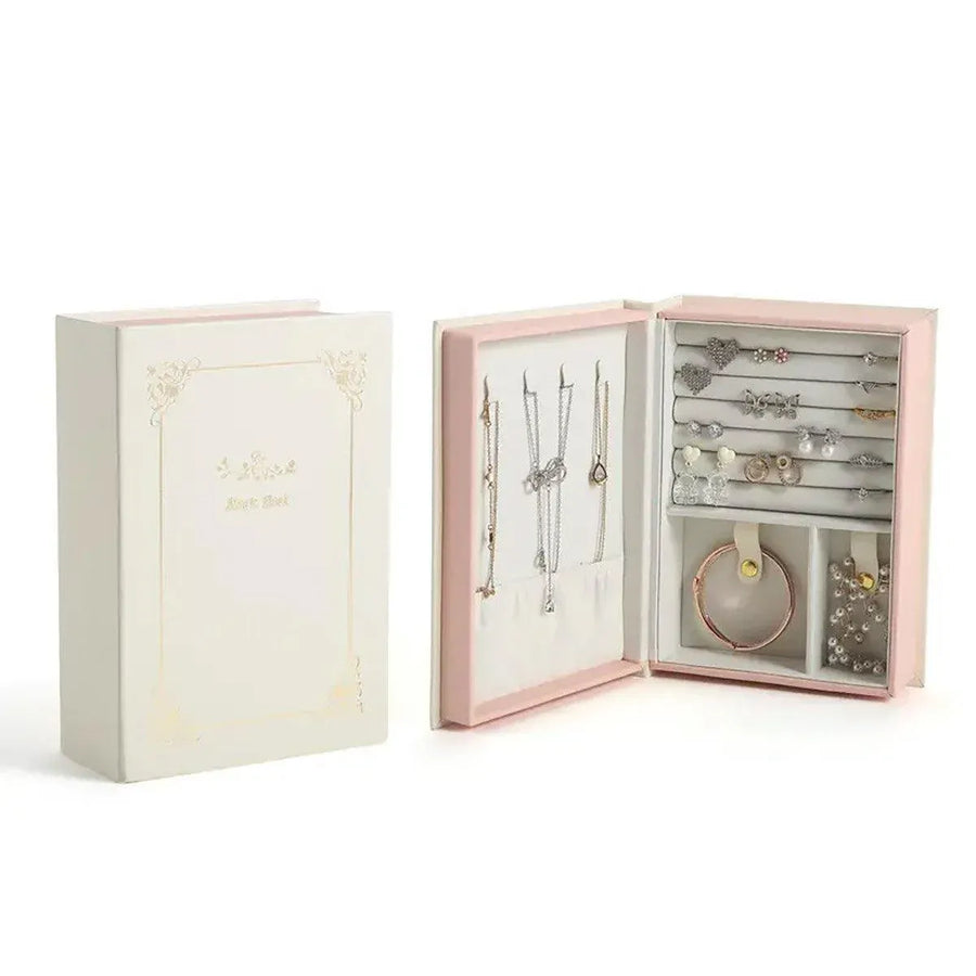 Creative PU Leather Jewelry Box Book Earrings Rings Necklace Organizer Holder - White