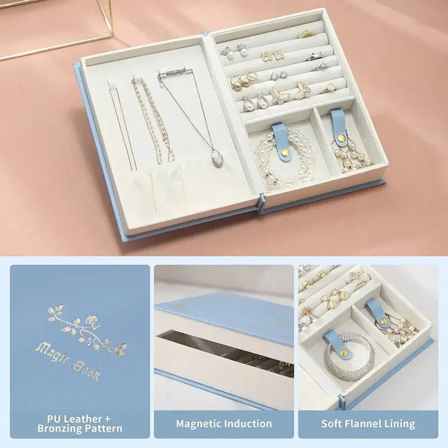 Creative PU Leather Jewelry Box Book Earrings Rings Necklace Organizer Holder - White