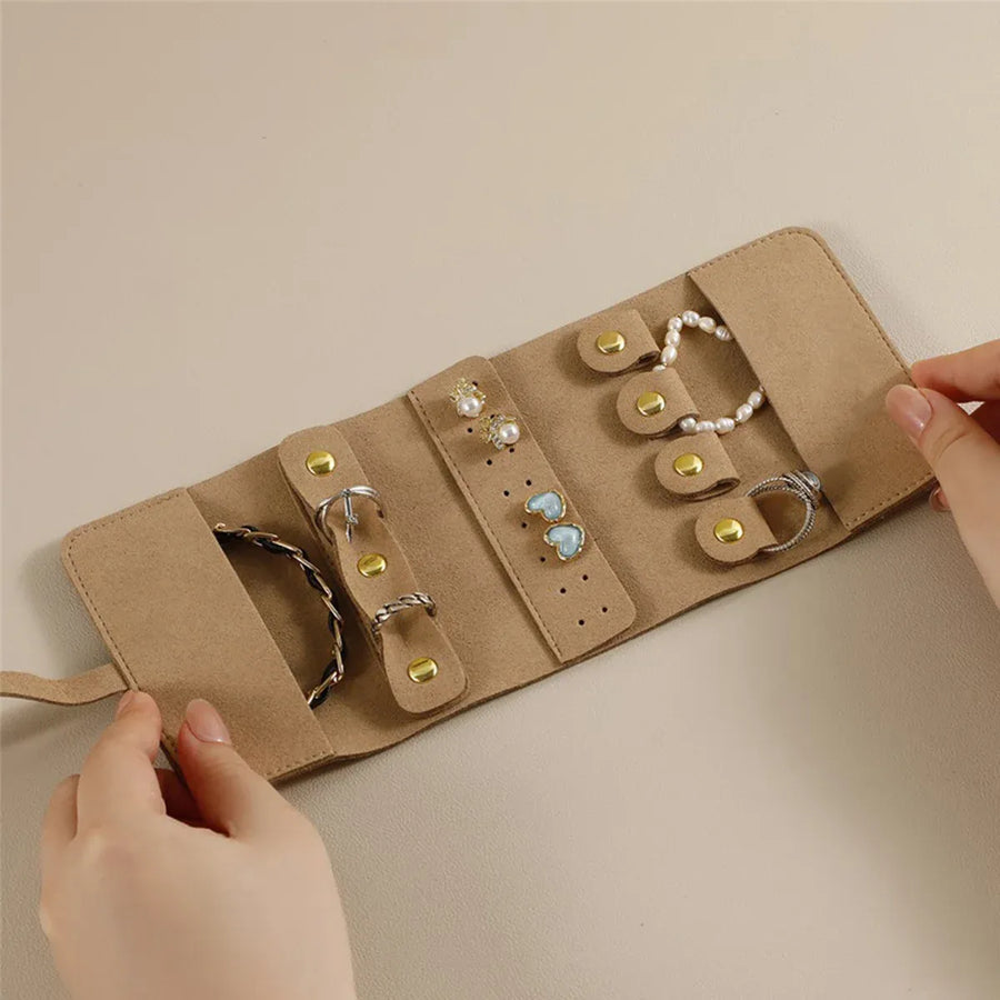 Portable Microfiber Jewelry Storage Bag Roll Organizer for Earrings Necklaces - Beige