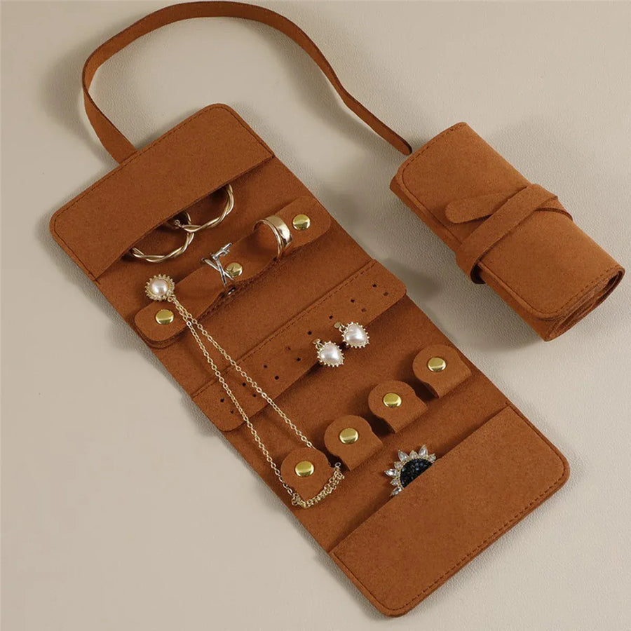 Portable Microfiber Jewelry Storage Bag Roll Organizer for Earrings Necklaces - Brown