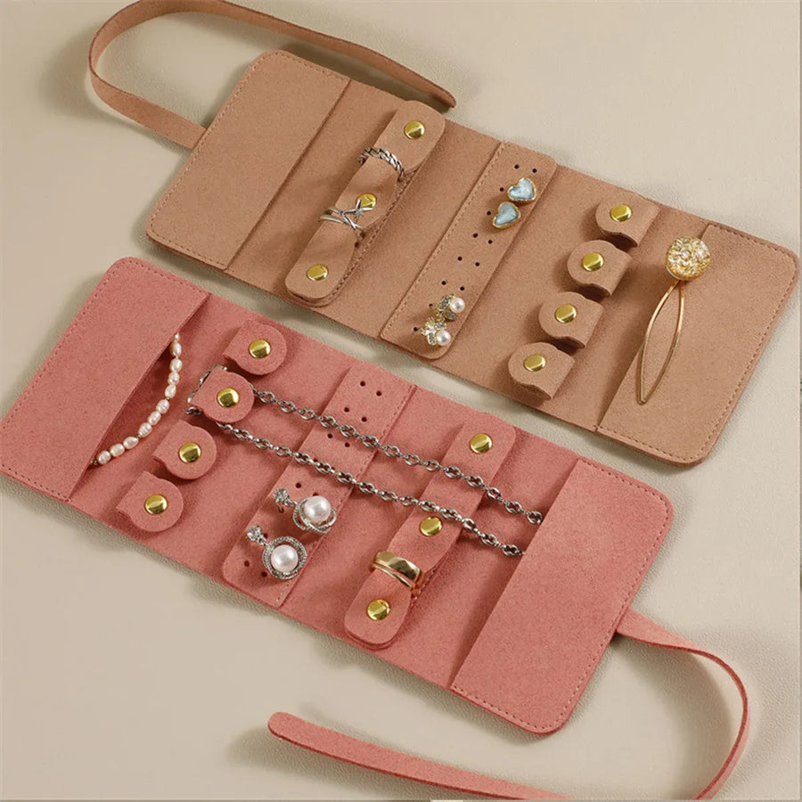 Portable Microfiber Jewelry Storage Bag Roll Organizer for Earrings Necklaces - Brown