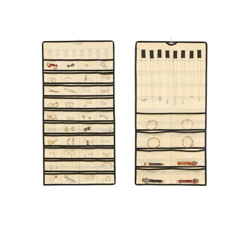 48 Pockets Jewelry Hanging Storage Organizer Holder Earring Display Pouch Bag - Beige