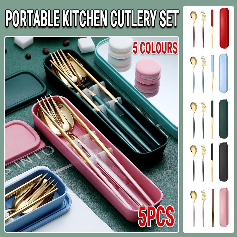 5PC Stainless Steel Portable Cutlery Set -  Fork Spoon for Travel & Picnic - Blue