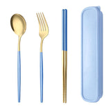 5PC Stainless Steel Portable Cutlery Set -  Fork Spoon for Travel & Picnic - Blue - Close-Up Angle