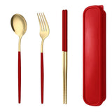 5PC Stainless Steel Portable Cutlery Set -  Fork Spoon for Travel & Picnic - Green - Low Angle