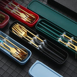 5PC Stainless Steel Portable Cutlery Set -  Fork Spoon for Travel & Picnic - Red - 45-Degree Angle