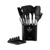 13PCS Silicone Kitchen Utensil Set Stainless Steel Handle Non-Stick Cooking Tool - Black - Close-Up Angle