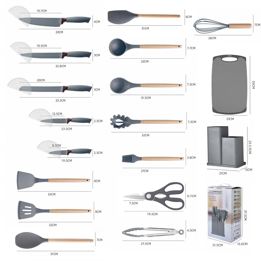 19-Piece Grey Kitchen Utensil Set with Storage Holder