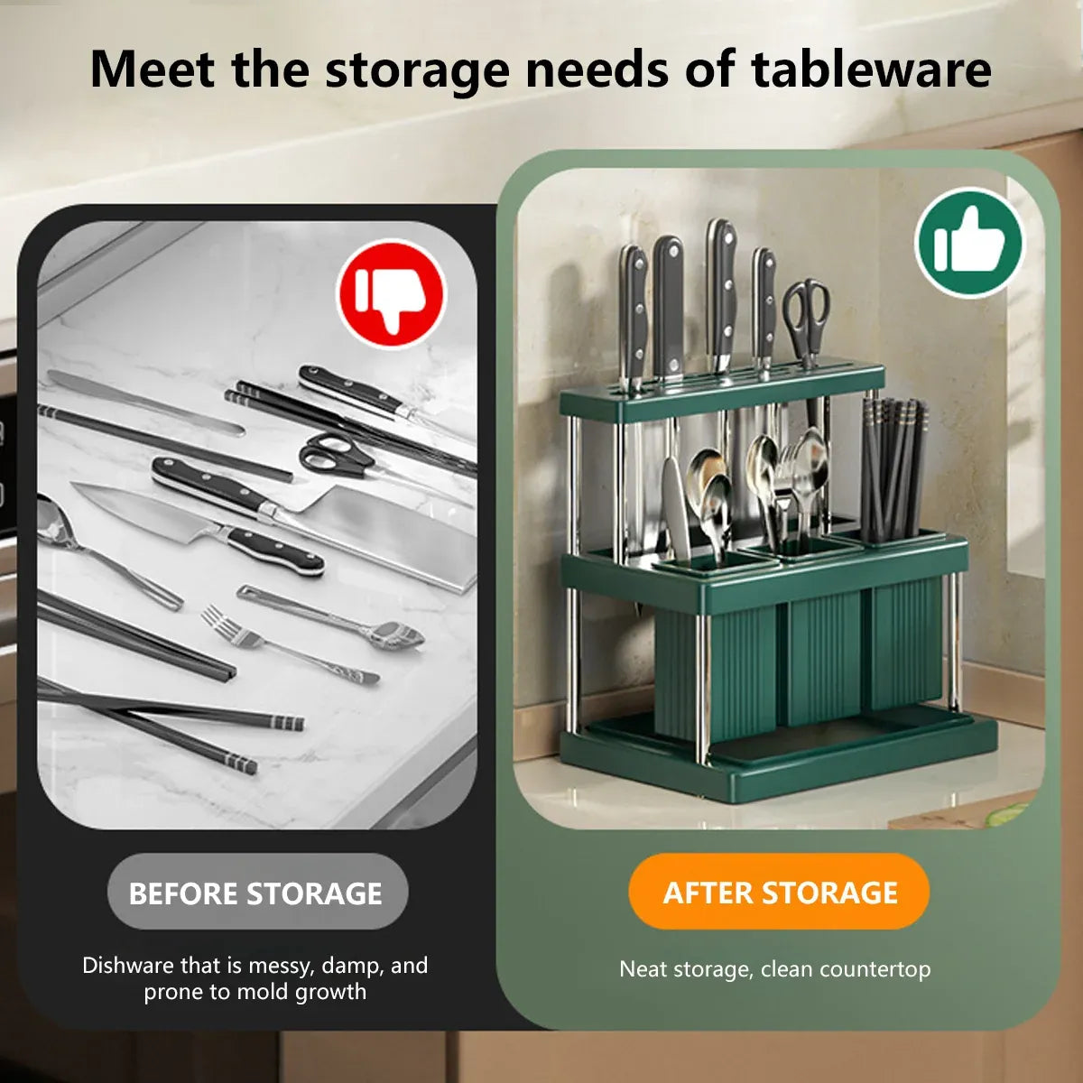 Multifunctional Kitchen Countertop Knife Block Holder with Drain Tray