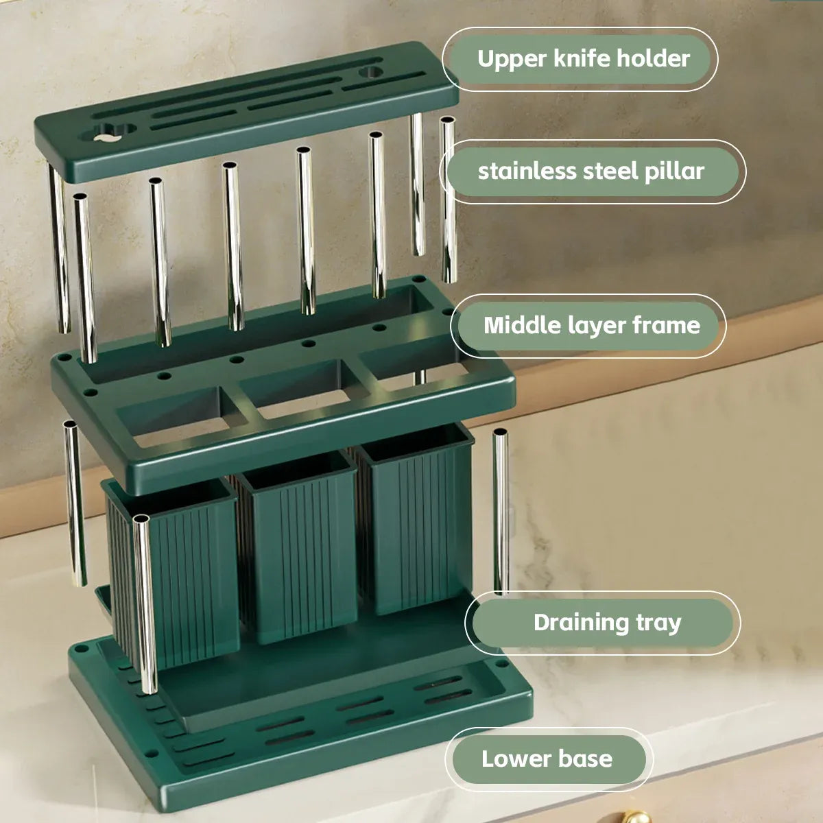Multifunctional Kitchen Countertop Knife Block Holder with Drain Tray