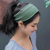 Women Headband Solid Wide Turban Knitted Cotton Hairband Girls Elastic Hair Band - Coffee - Close-Up Angle