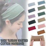 Women Headband Solid Wide Turban Knitted Cotton Hairband Girls Elastic Hair Band - Cyan