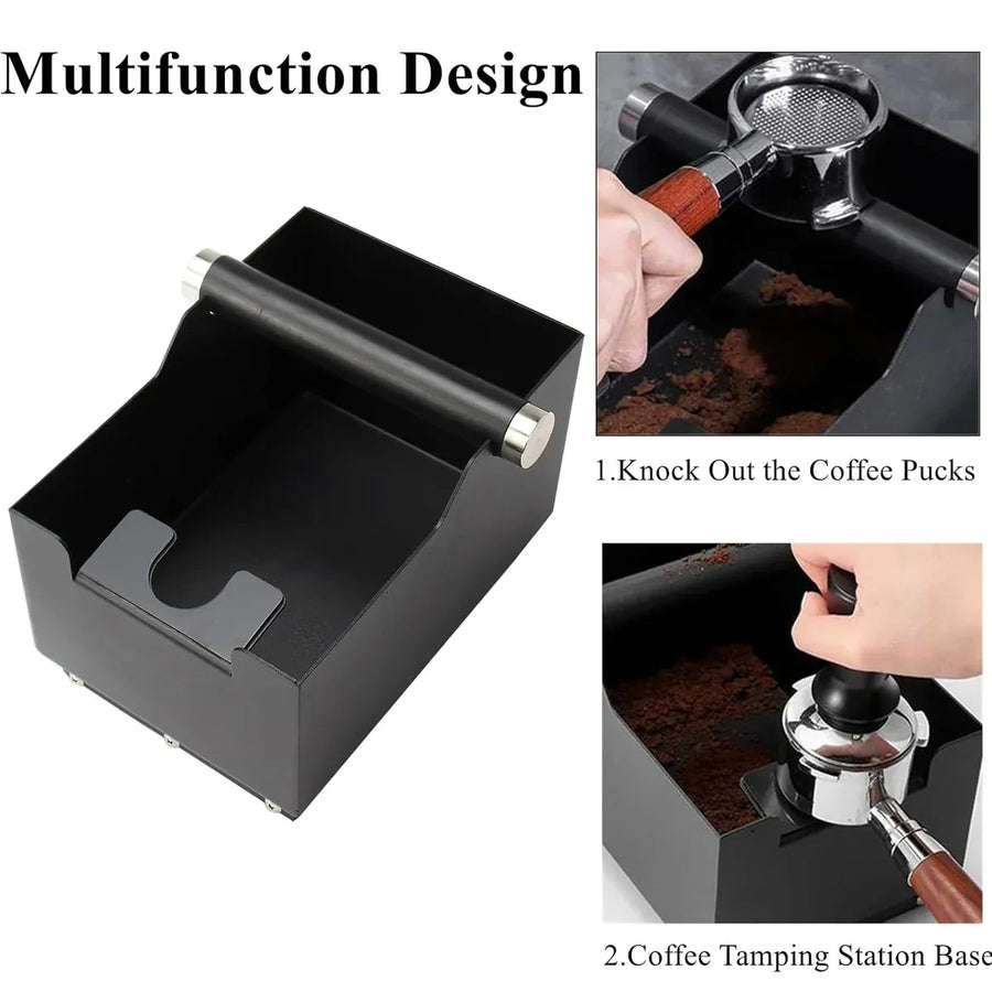 Coffee Knock Box with Powder Press Holder PTFE-Coated Metal Black