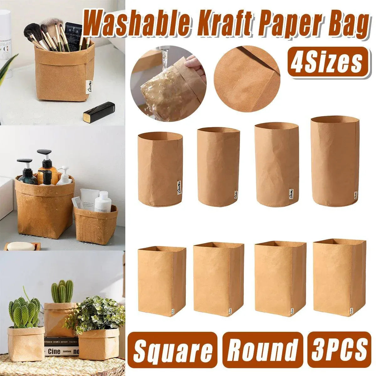 3pcs Washable Kraft Paper Storage Bag for Kitchen Desktop Refrigerator Organizer - L-Square