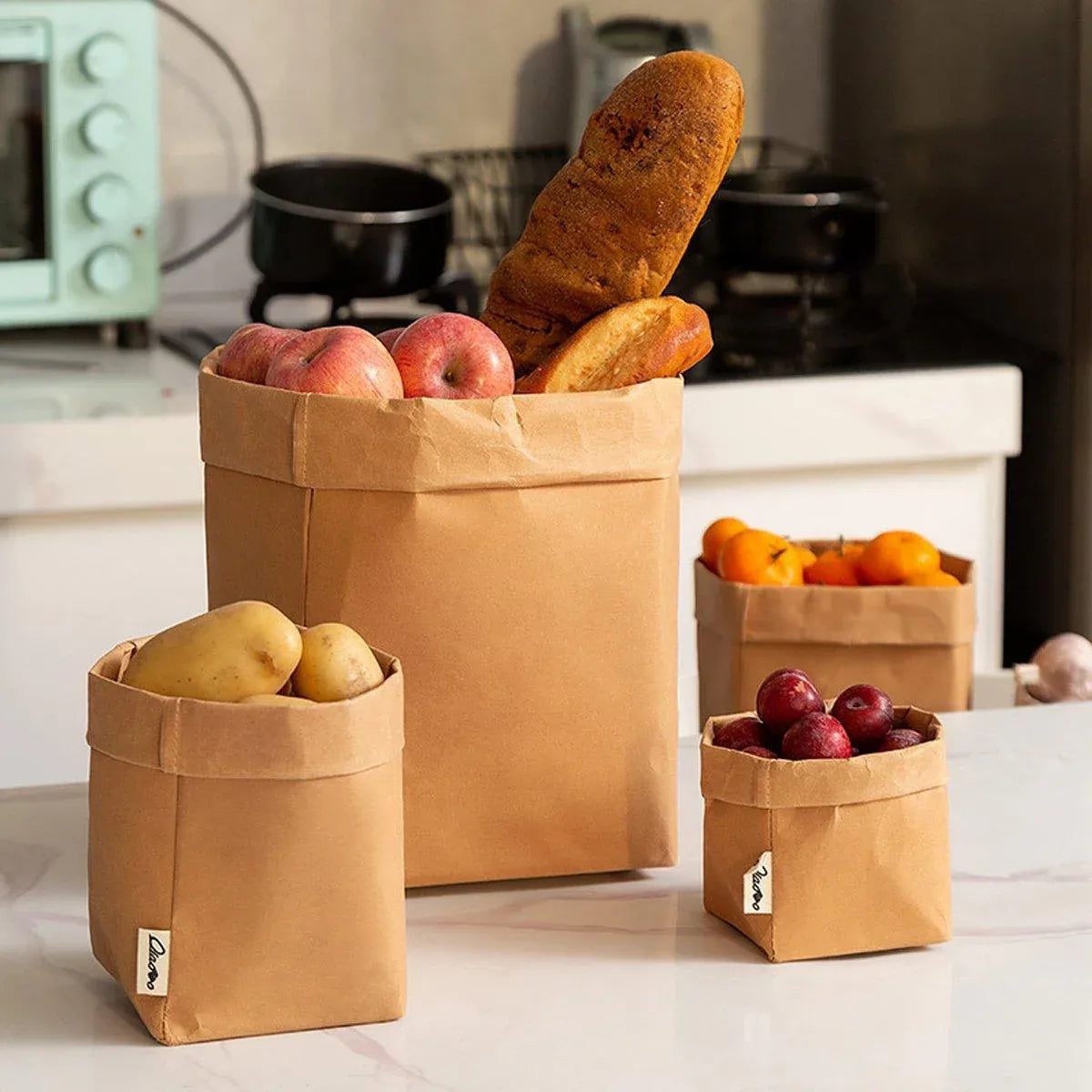 3pcs Washable Kraft Paper Storage Bag for Kitchen Desktop Refrigerator Organizer - XL-Square