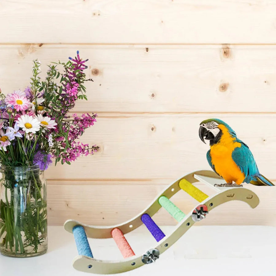 Wooden Parrot Climbing Ladder Swing Toy Claw Grinding Sanded for Small Birds - Curved