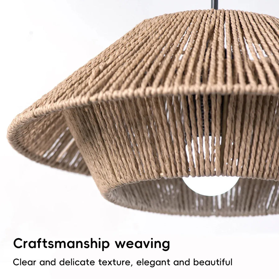 Hand Woven Paper Rope Pendant Lampshade Boho Rattan Style - Yellow
