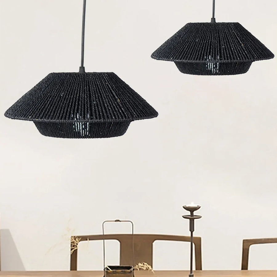 Hand Woven Paper Rope Pendant Lampshade Boho Rattan Style - Yellow