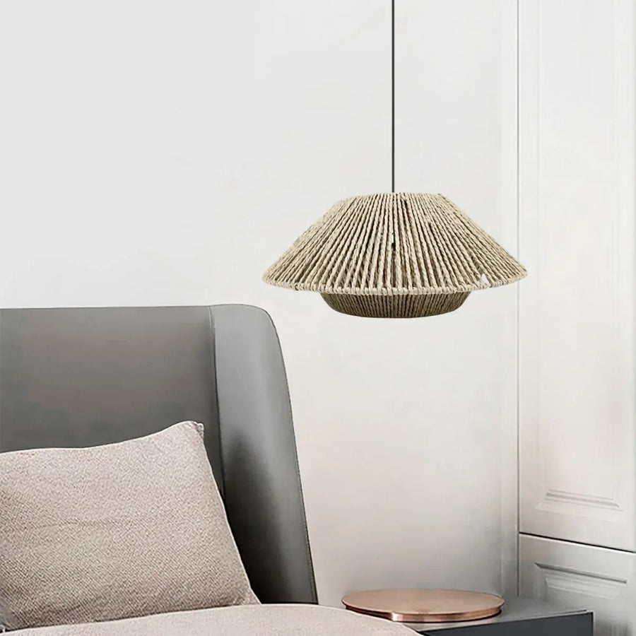 Hand Woven Paper Rope Pendant Lampshade Boho Rattan Style - Yellow