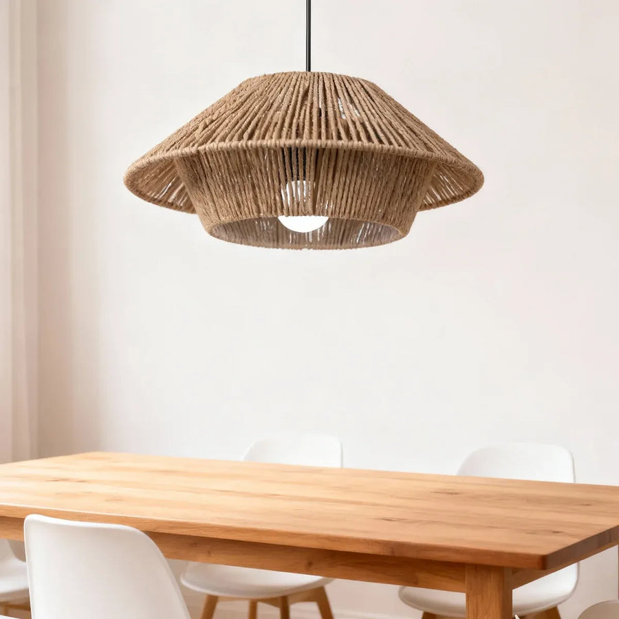 Hand Woven Paper Rope Pendant Lampshade Boho Rattan Style - Yellow