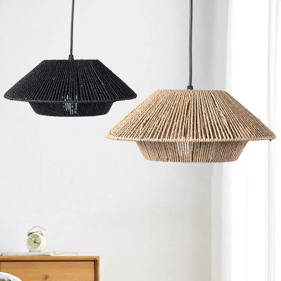 Hand Woven Paper Rope Pendant Lampshade Boho Rattan Style - Yellow