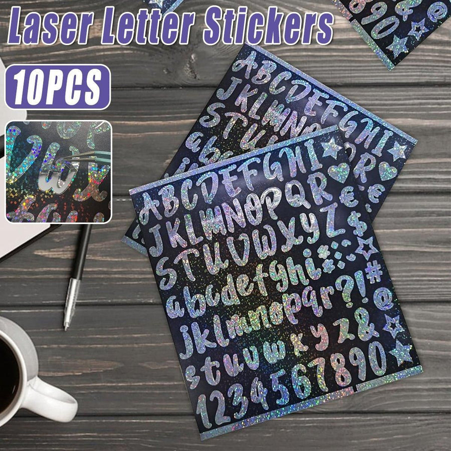 10pcs DIY Laser Alphanumeric Stickers Colourful Flash Labels Craft Decoration