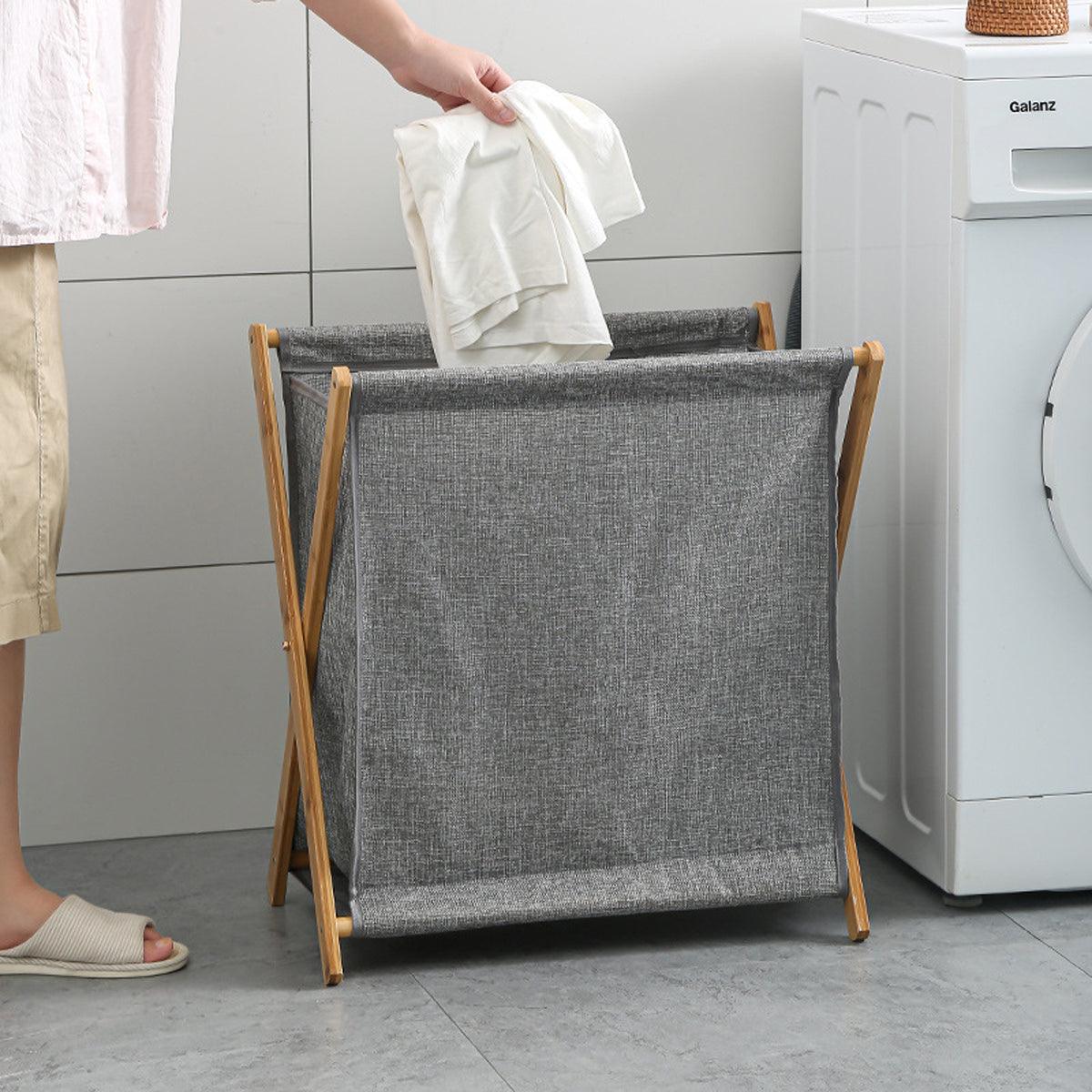 Wooden Collapsible Laundry Basket Dirty Clothes Storage Household Organizer - Beige-S