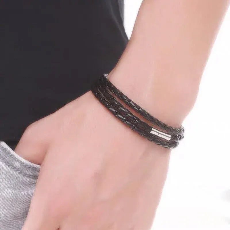 1Pc New Fashion Men Women Three Laps Pu Leather Bracelet Wristband Bangle Punk - Black