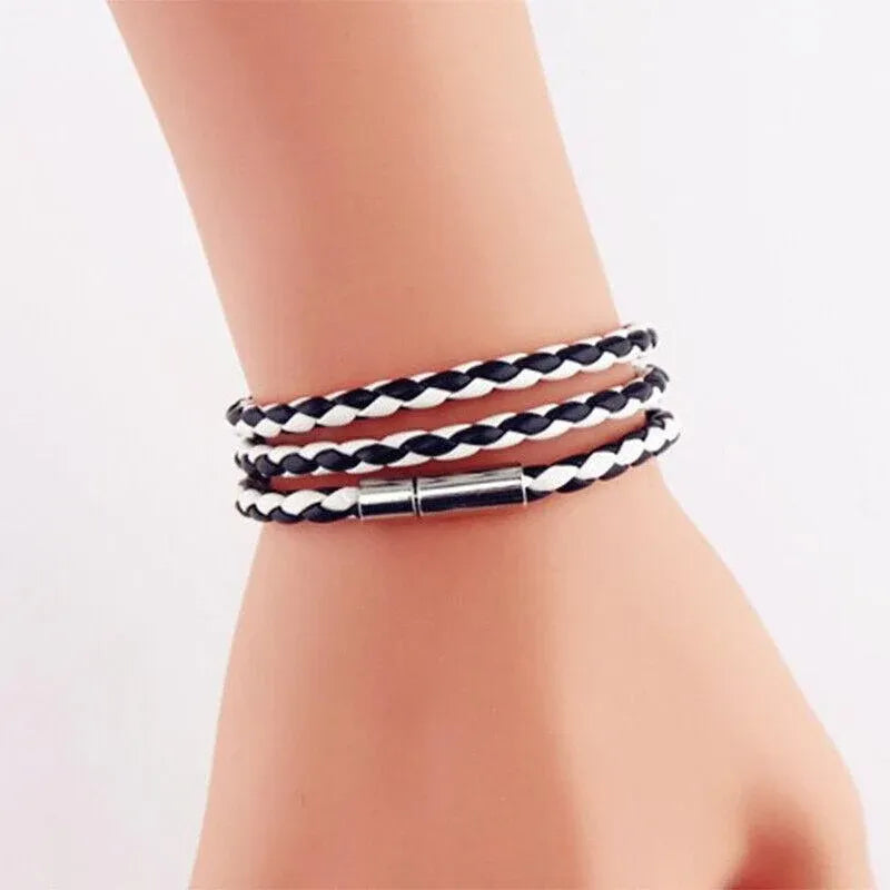 1Pc New Fashion Men Women Three Laps Pu Leather Bracelet Wristband Bangle Punk - Red