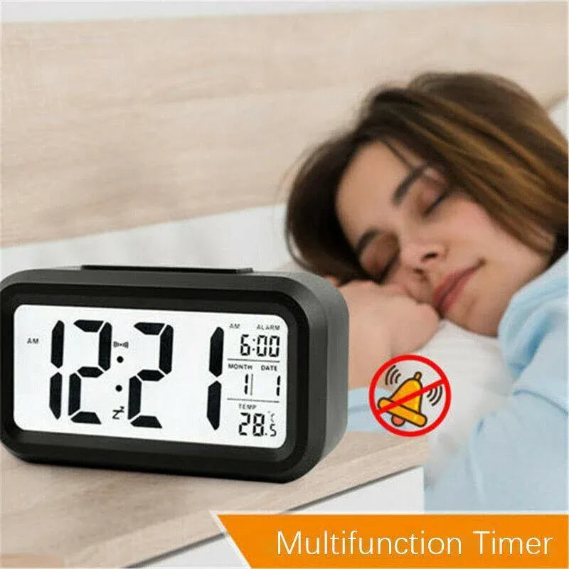 Digital Bedside Led Snooze Alarm Clock Time Temperature Day/Night Desktop Clock - White