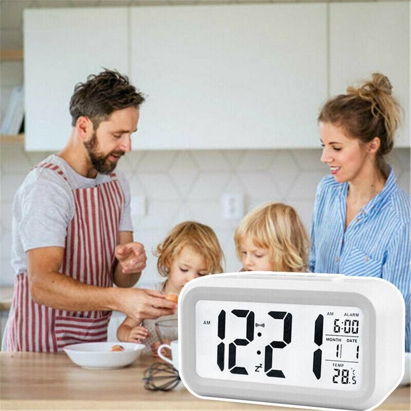 Digital Bedside Led Snooze Alarm Clock Time Temperature Day/Night Desktop Clock - White
