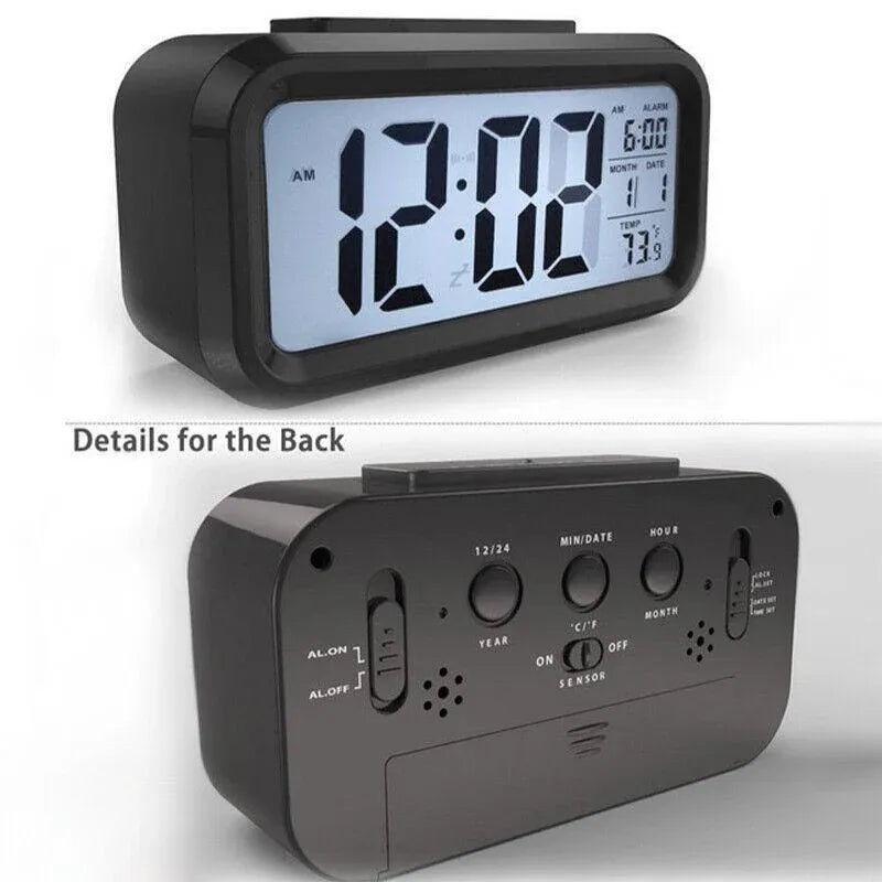 Digital Bedside Led Snooze Alarm Clock Time Temperature Day/Night Desktop Clock - White