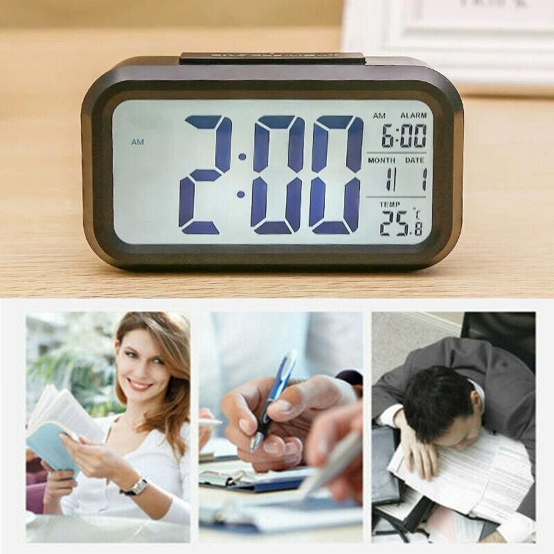Digital Bedside Led Snooze Alarm Clock Time Temperature Day/Night Desktop Clock - White