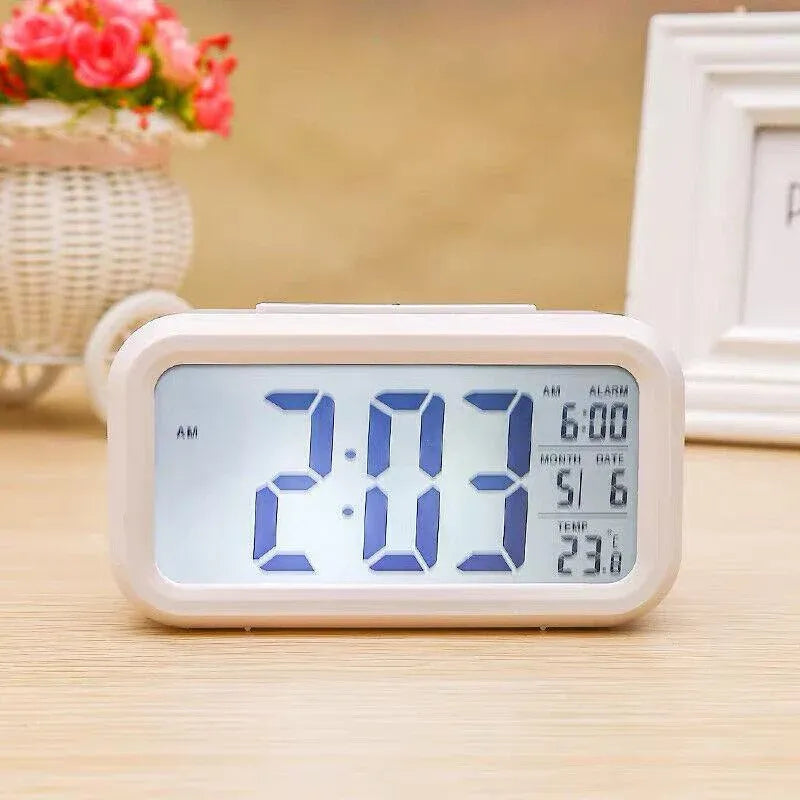 Digital Bedside Led Snooze Alarm Clock Time Temperature Day/Night Desktop Clock - White