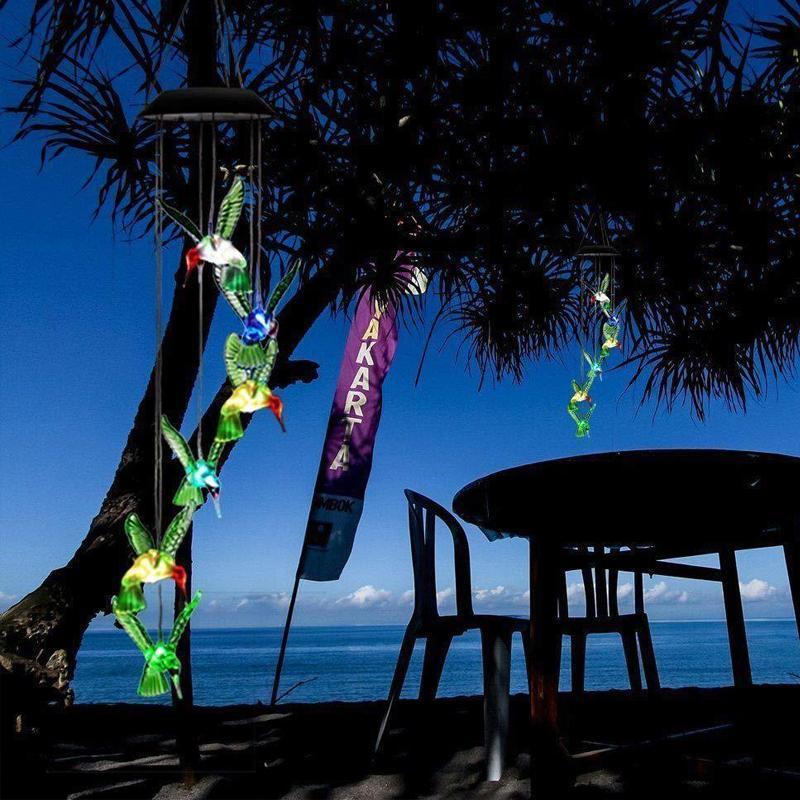 Wind Chimes Solar Powered Led Lights Changing Hanging Garden Yard Outdoor Decor - Hummingbird