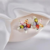 Colourful Petal Zircon Earrings Silver Ladies Wedding Party Christmas Gift - Close-Up Angle