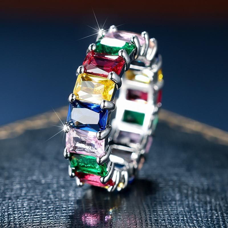 Rainbow Zircon Gemstone Ring Women's Stainless Steel Colourful Ring Size 6-10 - Gold-Multicolor-10