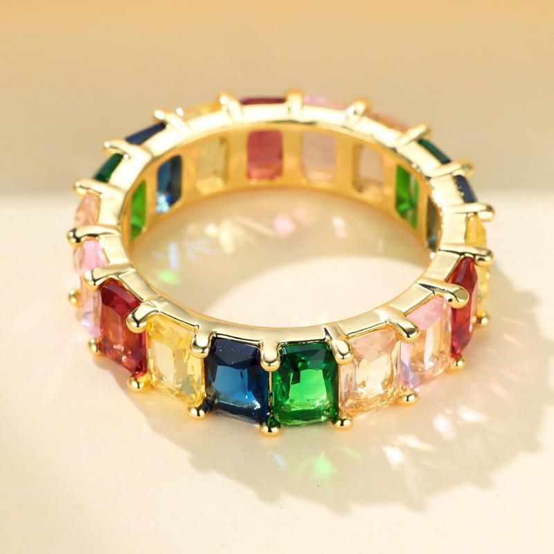 Rainbow Zircon Gemstone Ring Women's Stainless Steel Colourful Ring Size 6-10 - Gold-Multicolor-10
