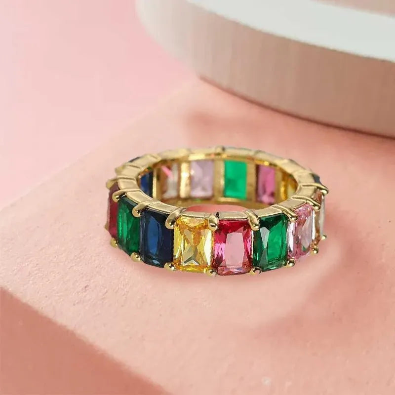 Rainbow Zircon Gemstone Ring Women's Stainless Steel Colourful Ring Size 6-10 - Gold-Multicolor-10