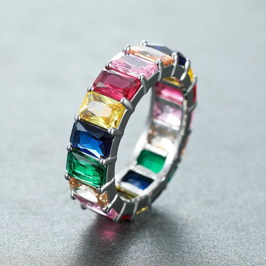 Rainbow Zircon Gemstone Ring Women's Stainless Steel Colourful Ring Size 6-10 - Gold-Multicolor-6