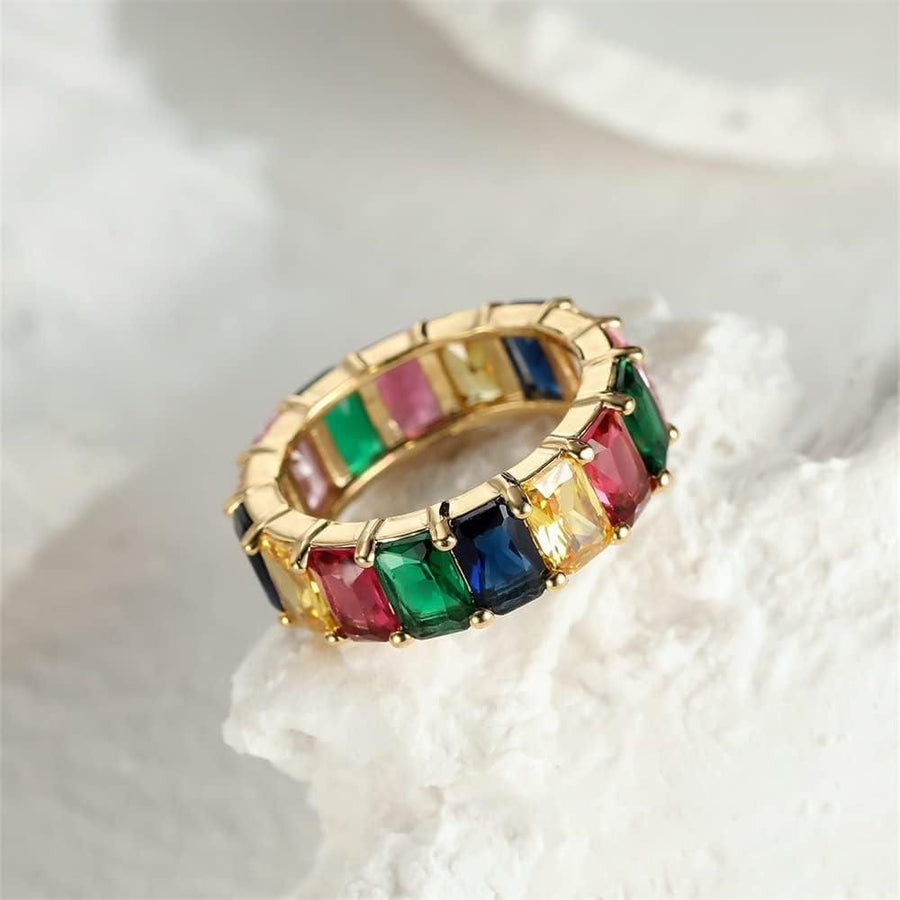 Rainbow Zircon Gemstone Ring Women's Stainless Steel Colourful Ring Size 6-10 - Gold-Multicolor-8