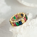 Rainbow Zircon Gemstone Ring Women's Stainless Steel Colourful Ring Size 6-10 - Gold-Multicolor-9